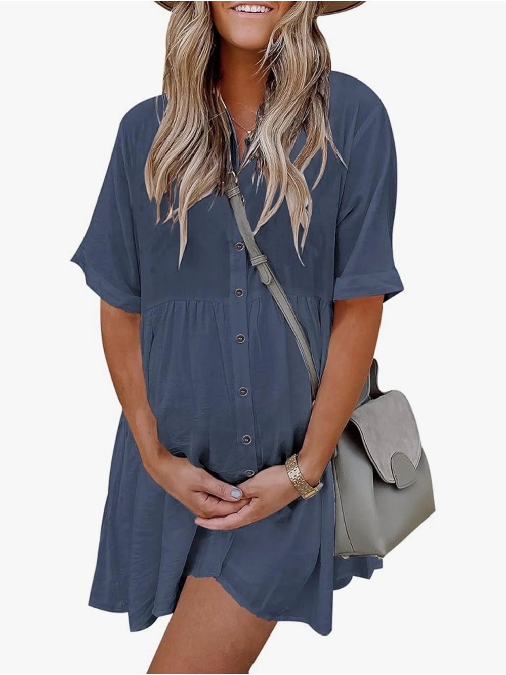 Women’s Button-Front Short Sleeve Mini Dress in Slate Blue Size 2XL Plus Size